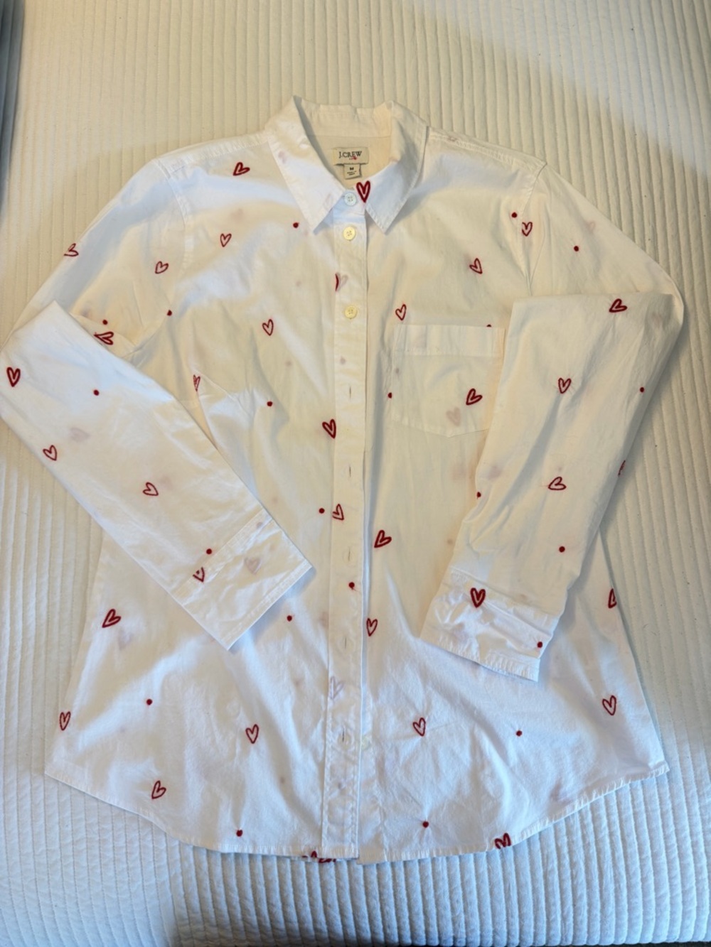 J. Crew White Shirt with Red Heart Embroidery